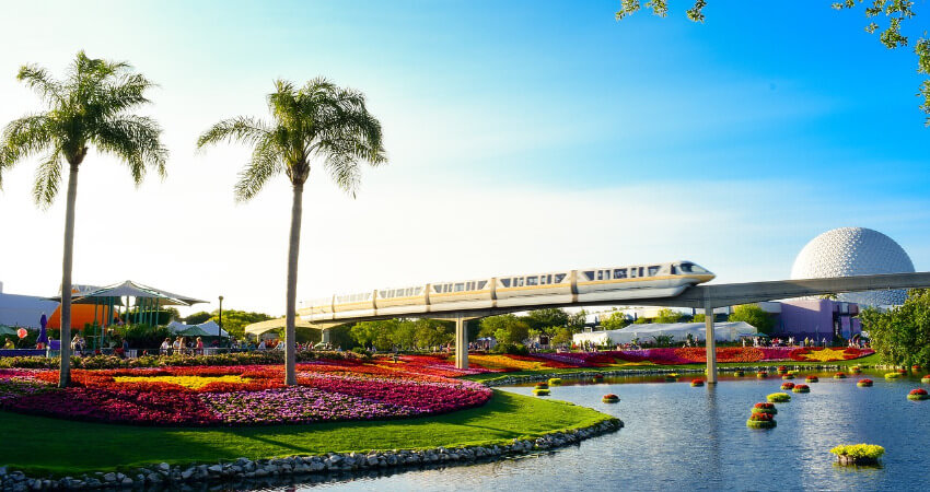 Ein Park mit vielen bunten Blumen und zwei großen Palmen.